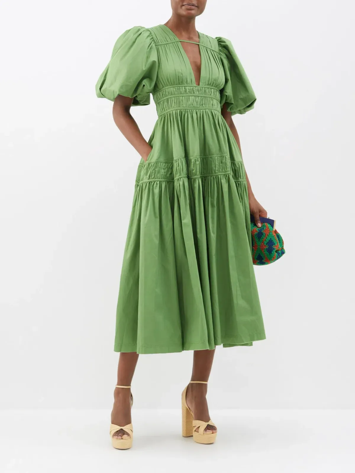 Aje Fallingwater Pintuck Pleated Cotton Midi Dress Green Size 8 - Image 2