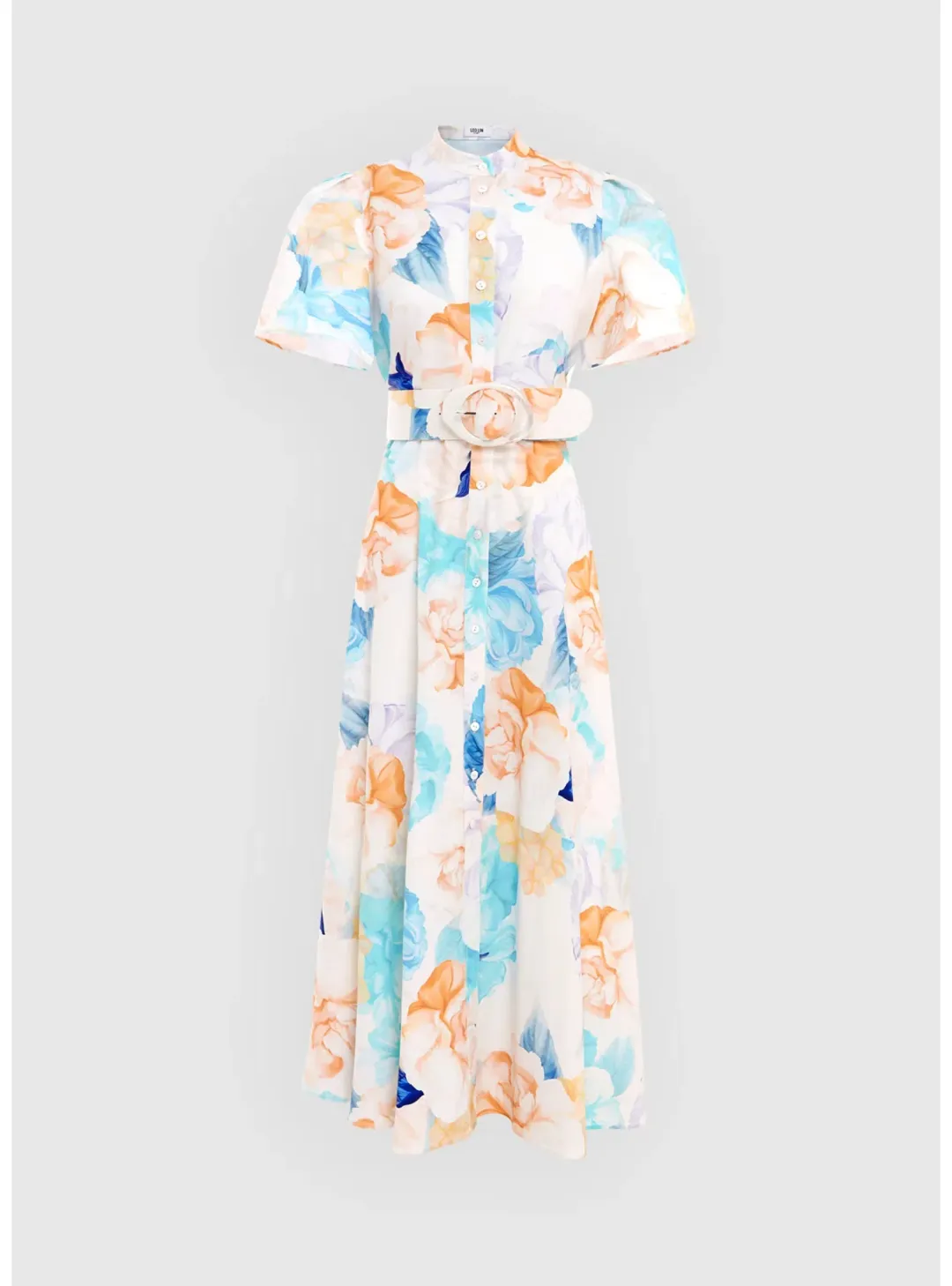Leo Lin Bianca Short Sleeve Midi Dress Rosebud Floral Print in Cream Size AU 12 for rent on The Volte - main image