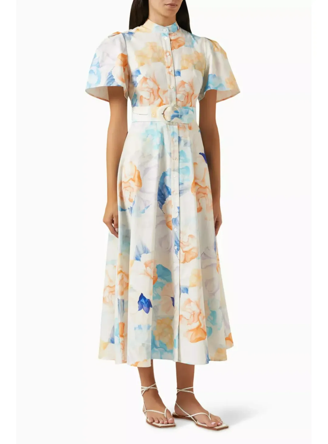 Leo Lin Bianca Short Sleeve Midi Dress Rosebud Floral Print in Cream Size AU 12 for rent on The Volte - main image