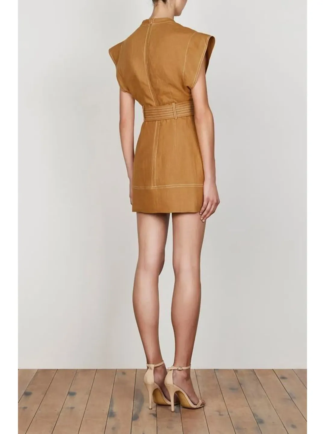 Shona Joy Eams Linen Utility Mini Dress in Nutmeg Size AU 8 for rent on The Volte - main image