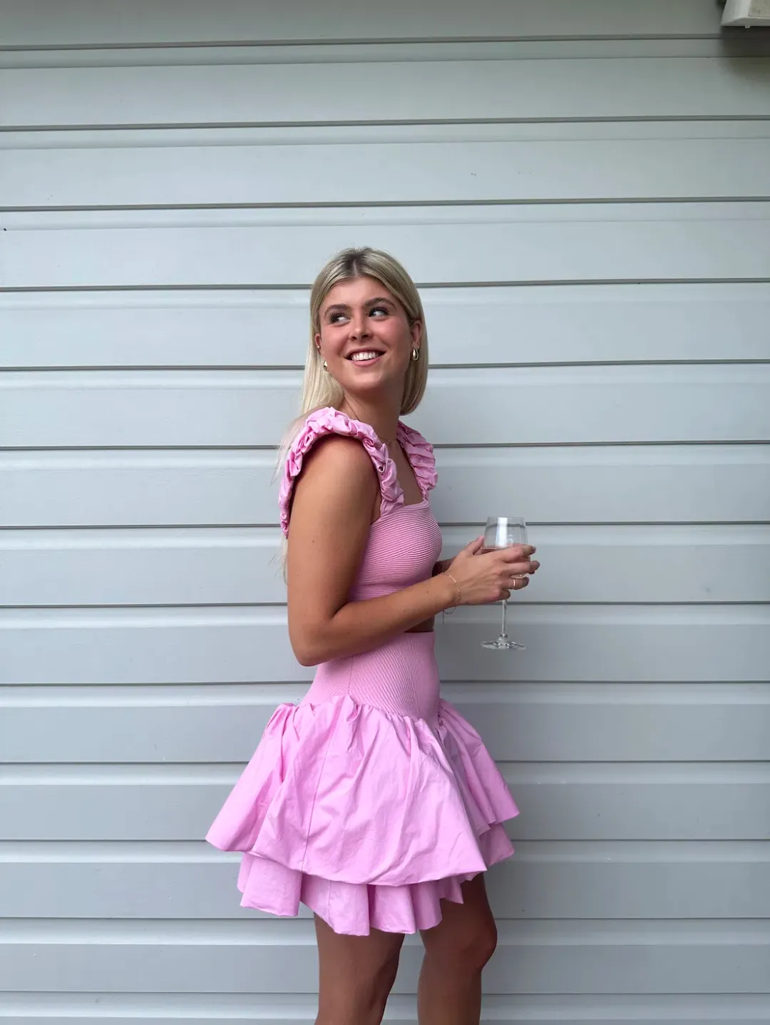 Aje Allard Ruched Strap Knit Top & Turner Bubble Skirt Set in Pink - Size 8 for rent on The Volte - main image