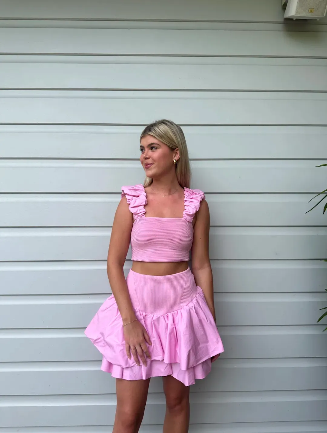 Aje Allard Ruched Strap Knit Top & Turner Bubble Skirt Set in Pink - Size 8 for rent on The Volte - main image