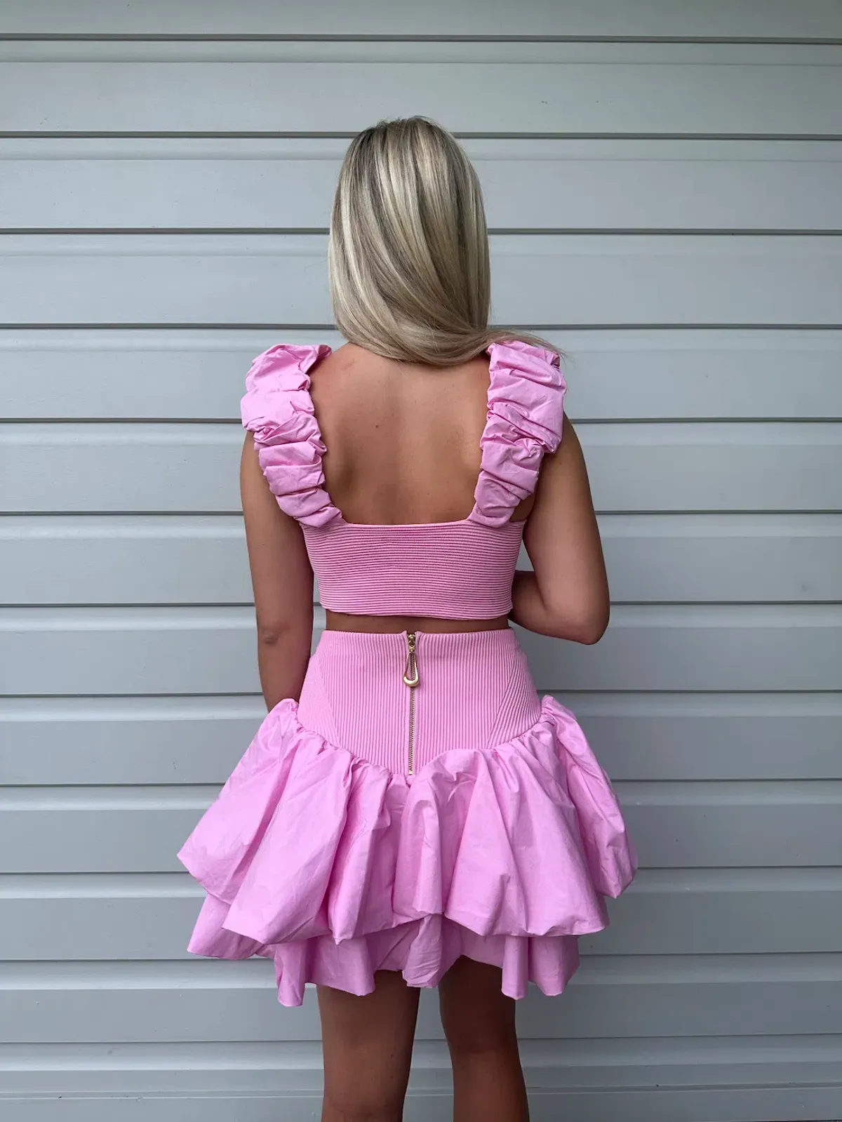 Aje Allard Ruched Strap Knit Top & Turner Bubble Skirt Set in Pink - Size 8 - Image 4