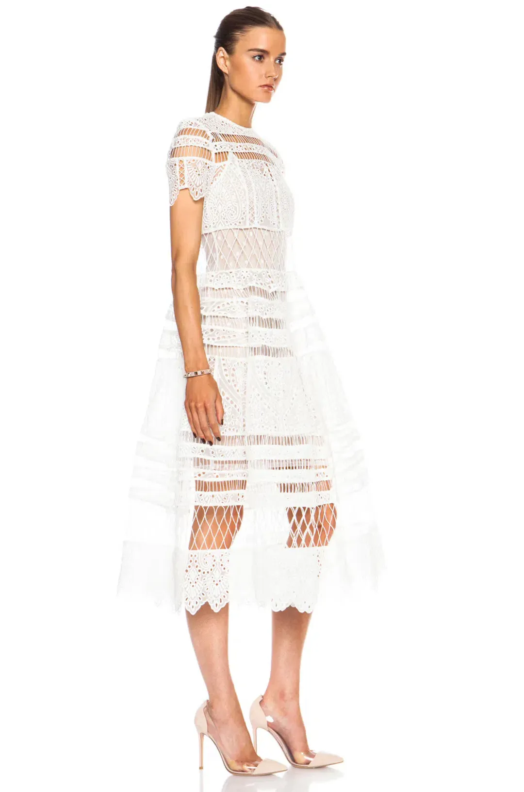 Zimmermann Riot Eyelet Bell Nylon Blend Midi Dress White Size 0 / AU 8 for rent on The Volte - main image