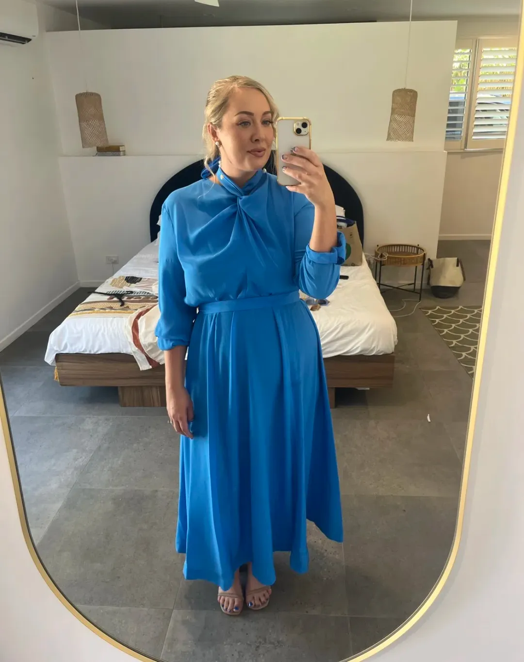 Scanlan Theodore Silk Drape Neck Midi Dress Bright Blue Size 12 for rent on The Volte - main image