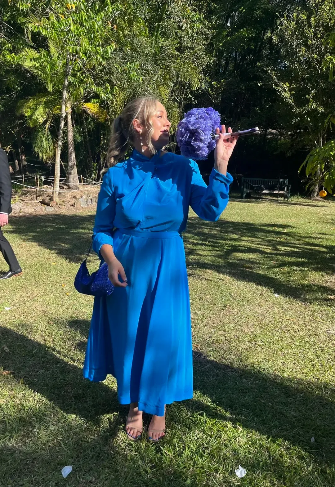 Scanlan Theodore Silk Drape Neck Midi Dress Bright Blue Size 12 for rent on The Volte - main image