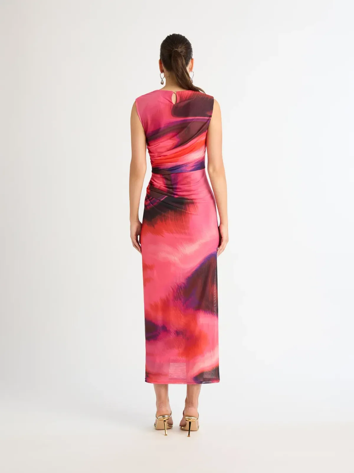 Sheike Tornado Mesh Maxi Dress Red and Pink Watercolour Print Size 10 - Image 2