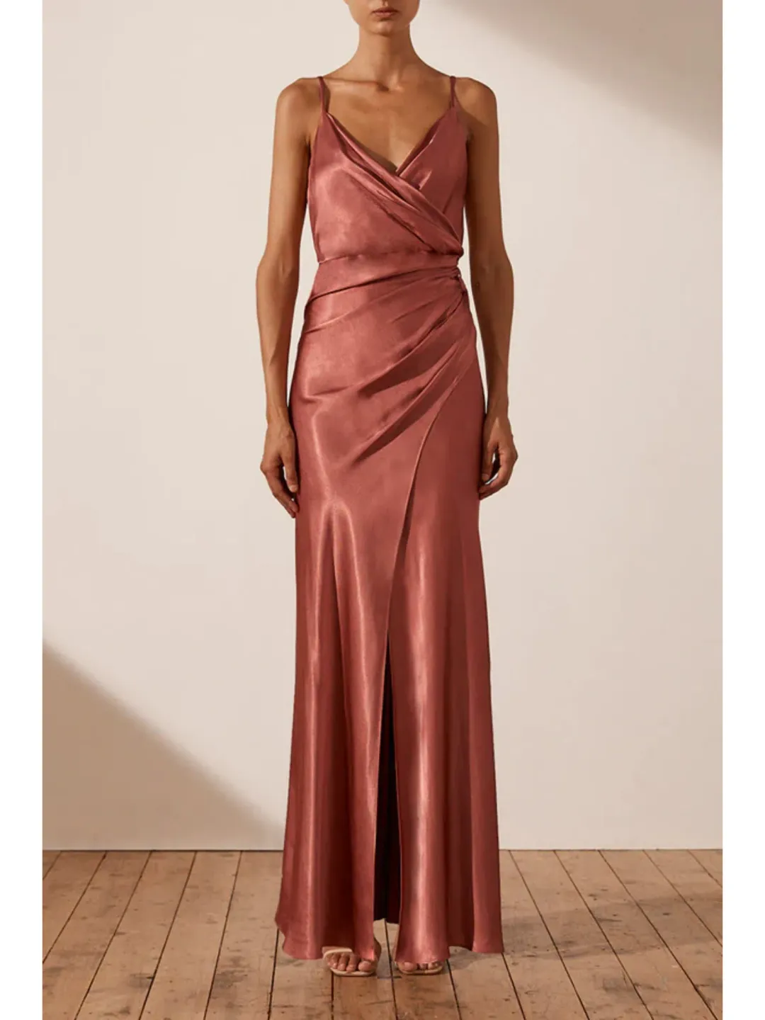 Shona Joy La Lune Cross Draped Maxi Dress in Terracotta Size AU 10 for rent on The Volte - main image