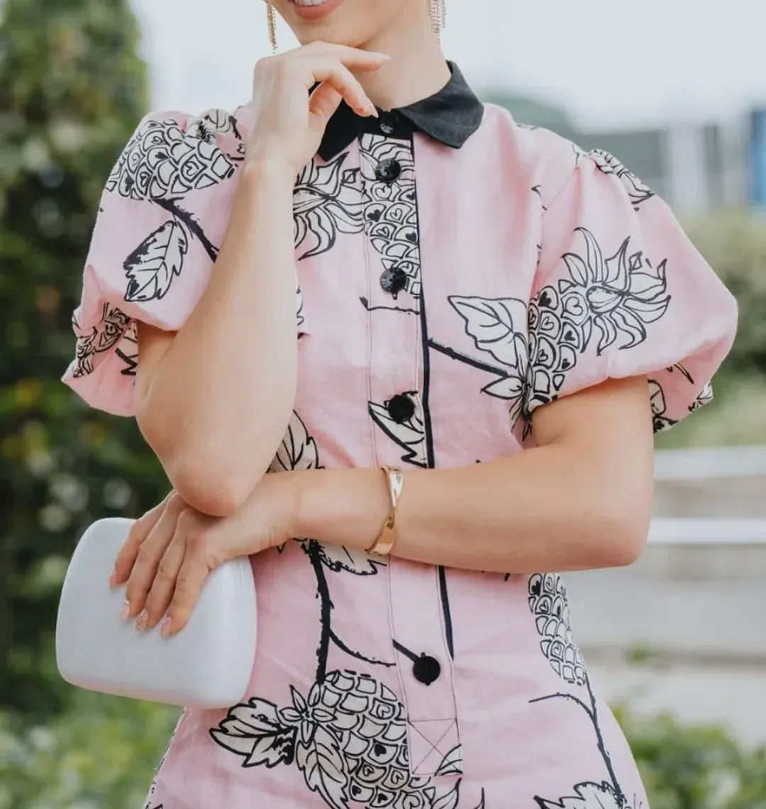 Leo Lin Pina Short Dress Printed Linen Mini Dress Pink Size AU 10 for rent on The Volte - main image