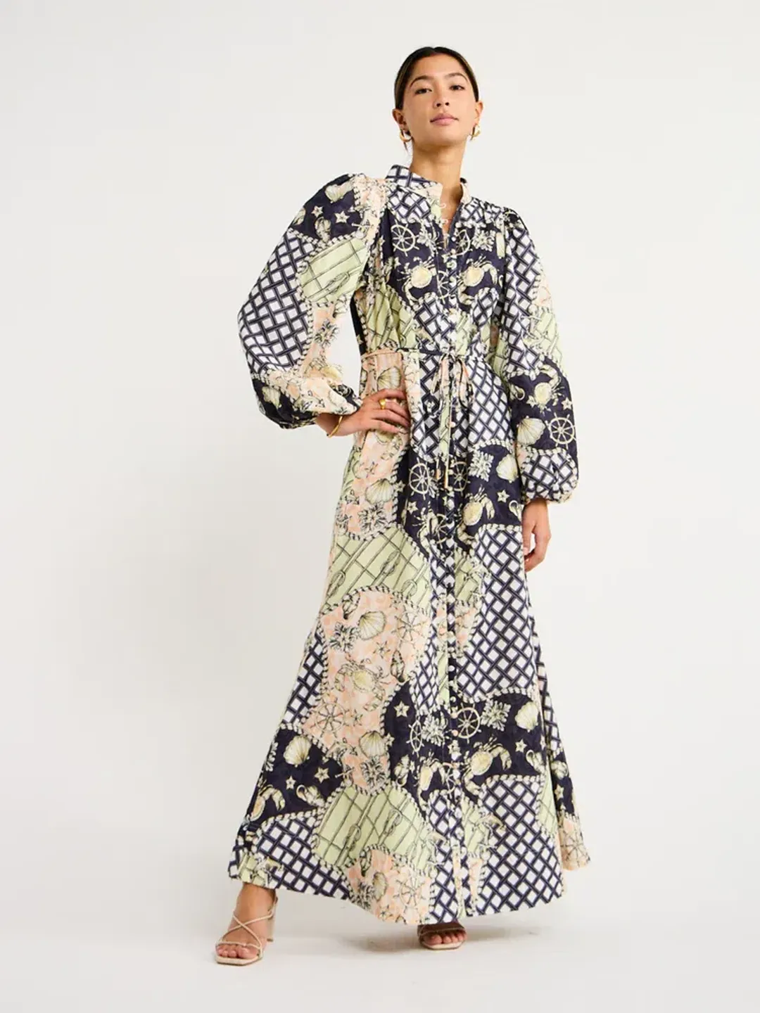 By Nicola Sail Maxi Billow Sleeve Dress in Geo/Nautical Size AU 8 for rent on The Volte - main image