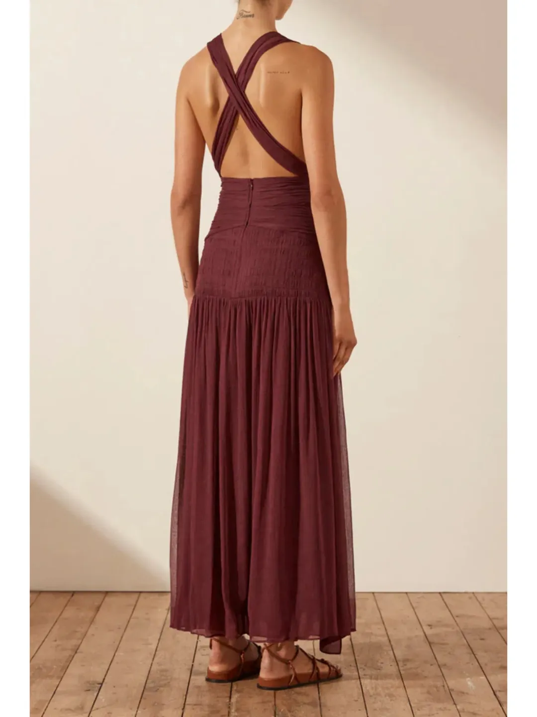 Shona Joy Marquis Plunged Tie Back Midi Dress in Deep Wine Size AU 10  for rent on The Volte - main image