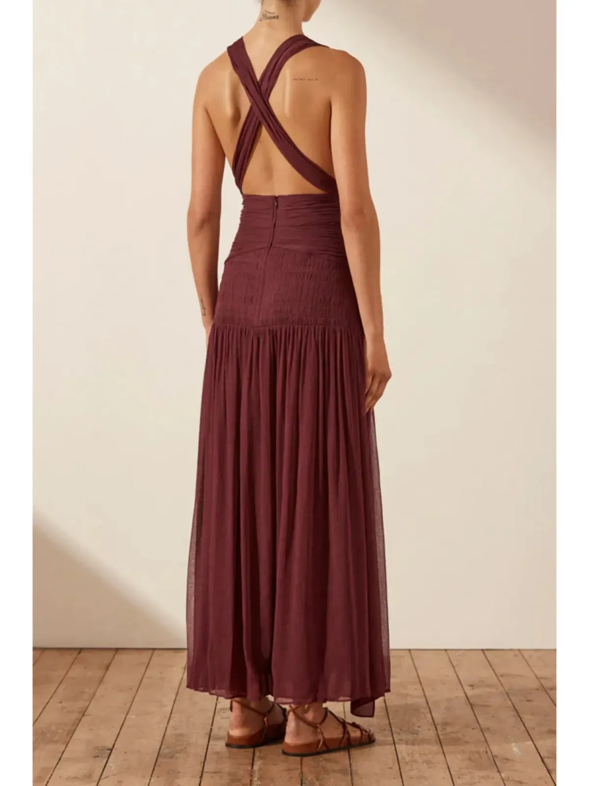 Shona Joy Marquis Plunged Tie Back Midi Dress in Deep Wine Size AU 10  - Image 3