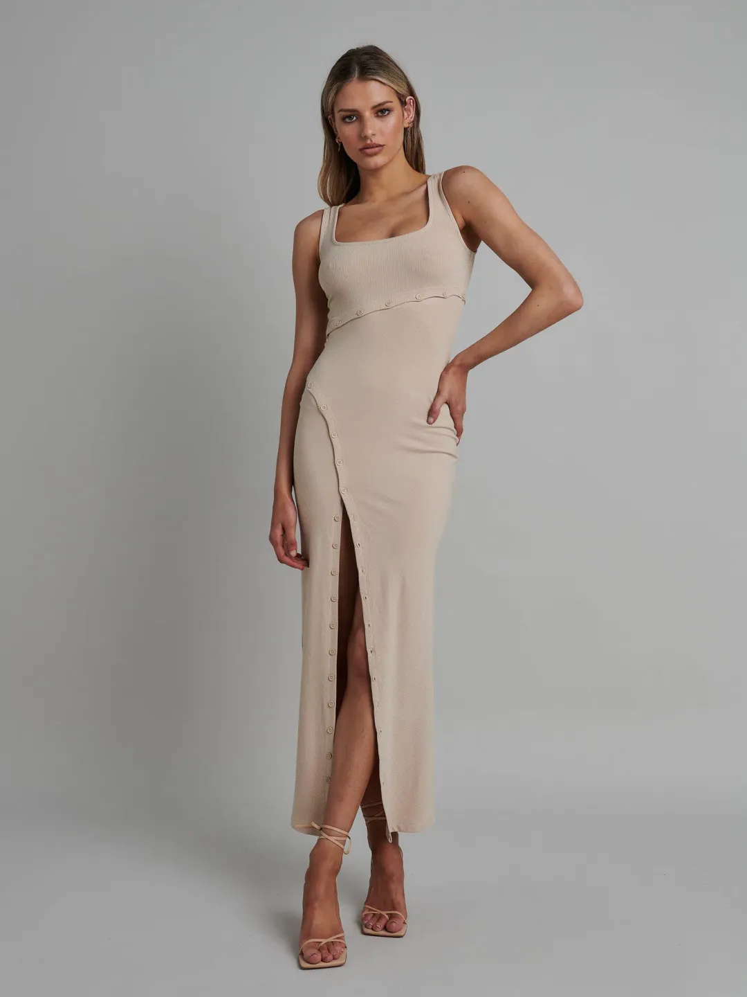 Bayse Brand Crys Singlet Midi Dress Beige Size 10 for rent on The Volte - main image