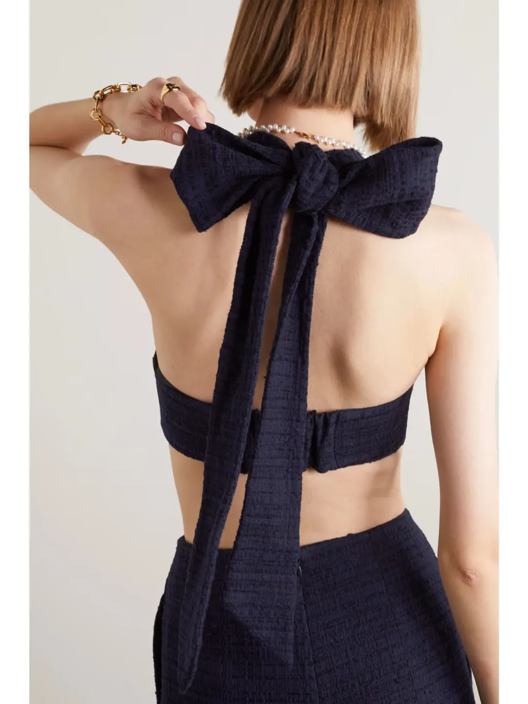 Zimmermann Runway Halter Neck Bodice and High Tide Tweed Short Set in Navy Size 0 / AU 8 for rent on The Volte - main image