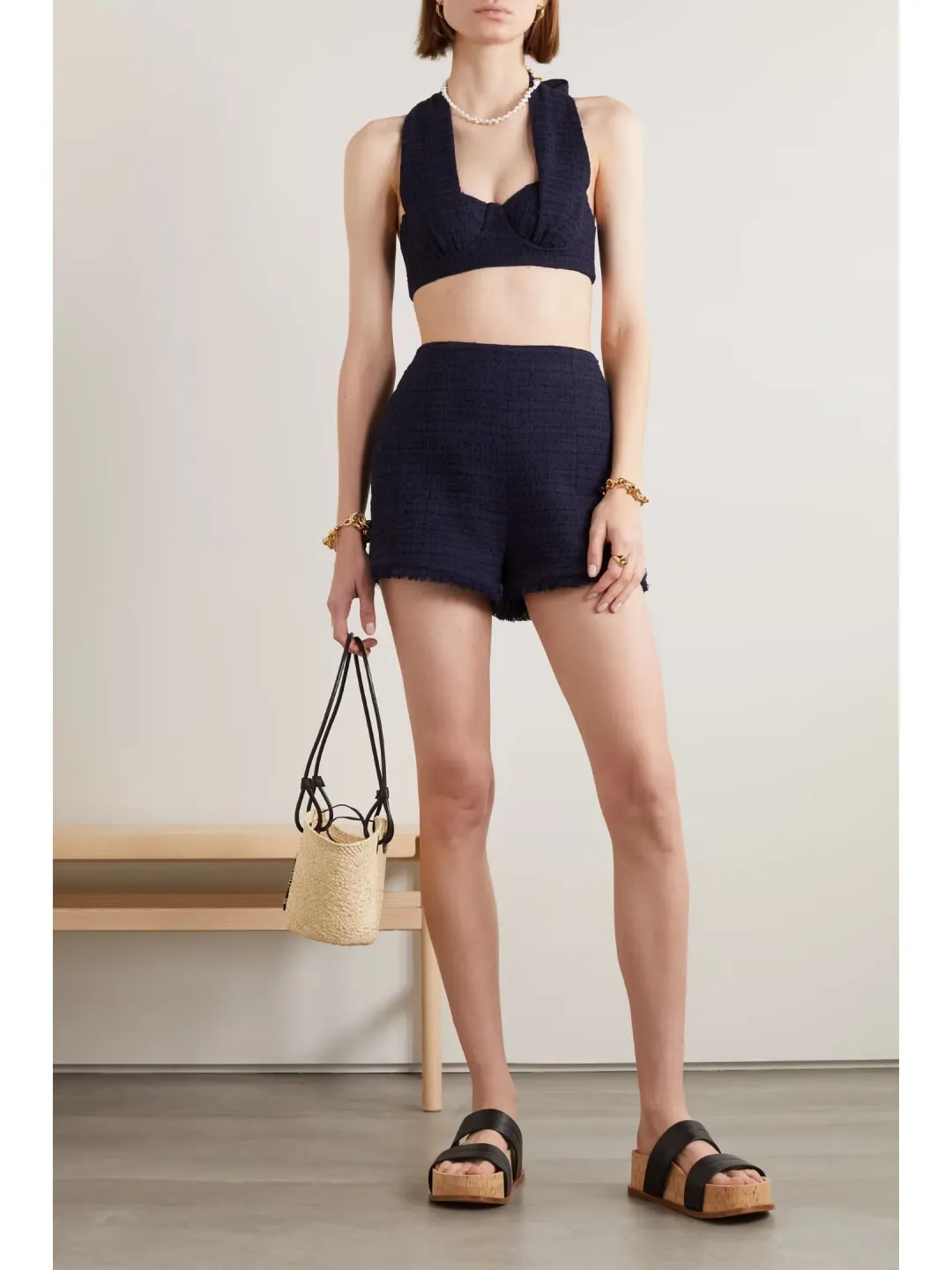 Zimmermann Runway Halter Neck Bodice and High Tide Tweed Short Set in Navy Size 0 / AU 8 for rent on The Volte - main image