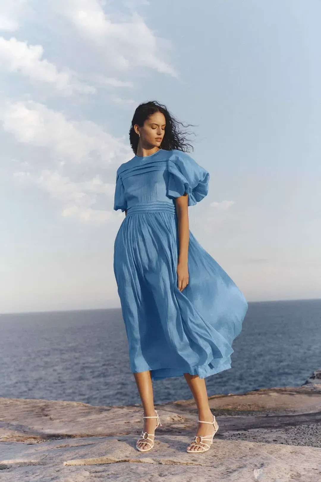 Aje Sylvia Pintuck Midi Dress Azure Blue Size 8 for rent on The Volte - main image