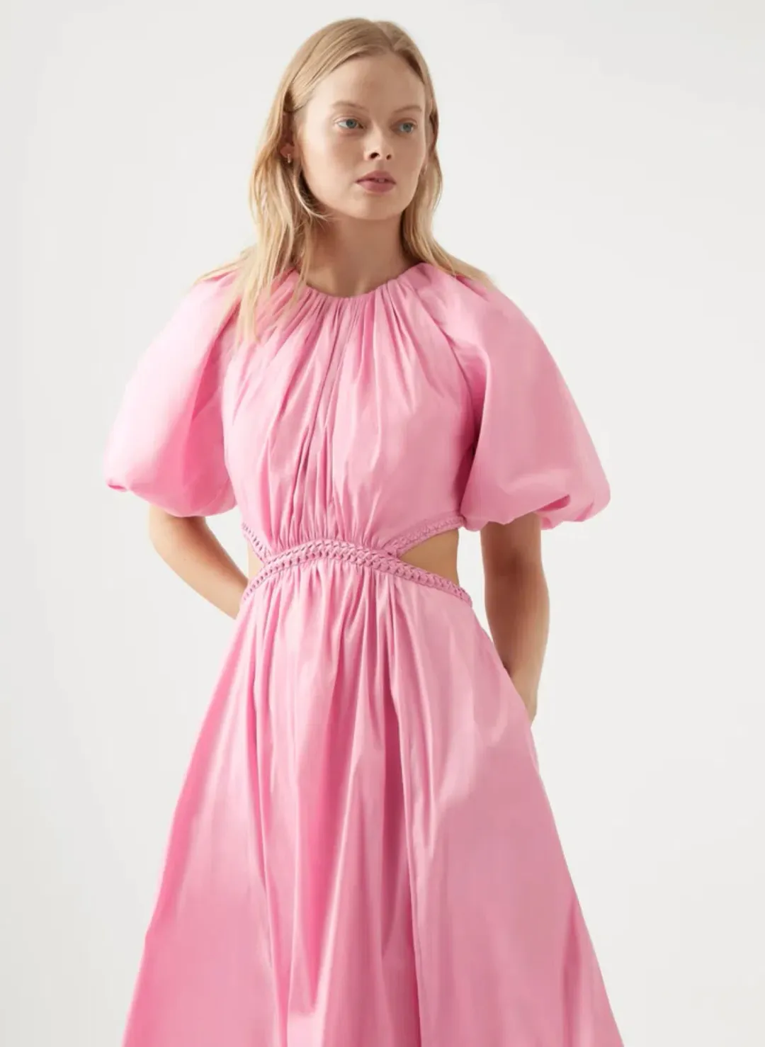 Aje Capucine Puff Sleeve Midi Dress Bon Bon Pink Size 6 for rent on The Volte - main image