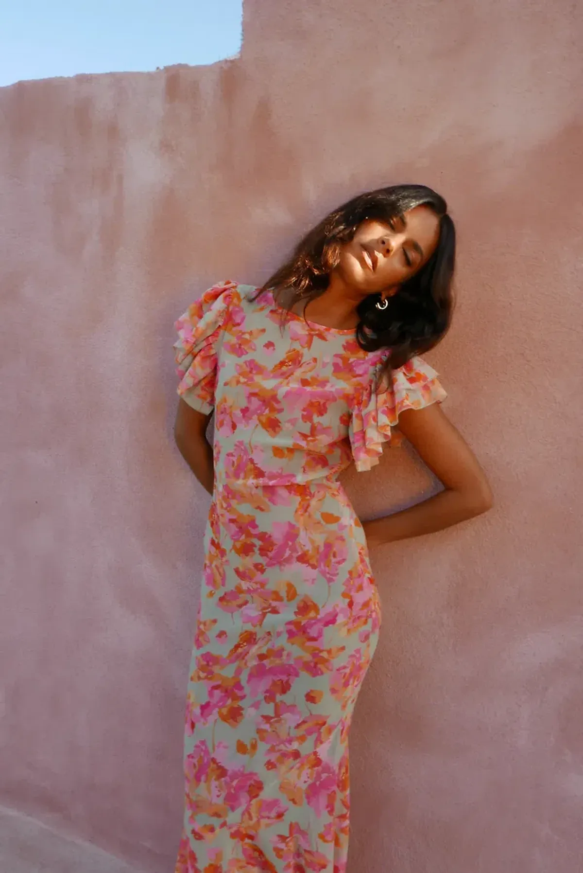 De La Vali Bougainvillea Maxi Dress Chiffon Sage Floral Size 6 - Image 4