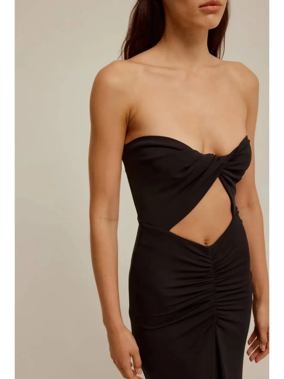Venroy Draped Cutaway Strapless Dress Black Size AU 8 for rent on The Volte - main image