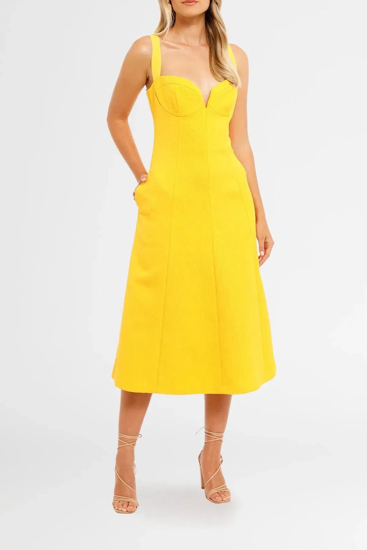 Rebecca Vallance Calla V Wire Midi Dress in Yellow Size 12 - Image 1