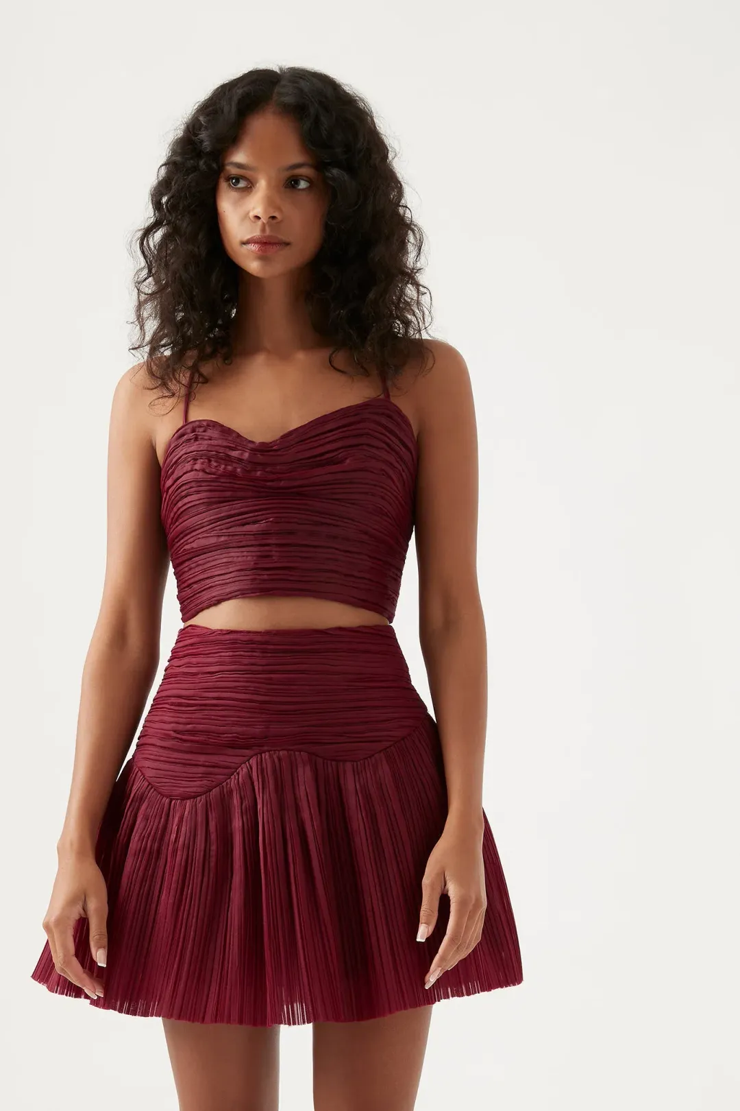 Aje Laurier Wave Cropped Top and Laurier Wave Mini Skirt Set Burgundy Size AU 8 &  10 for rent on The Volte - main image