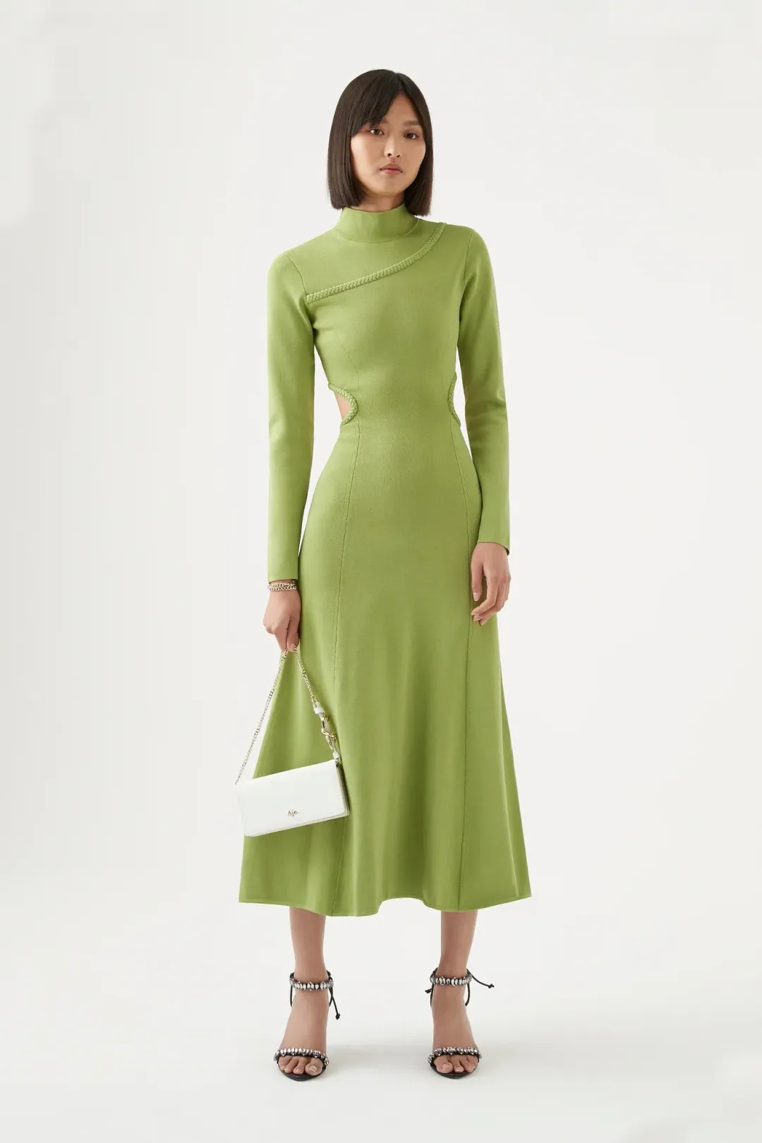 Aje Green Amelie Braided Cut Out Knit Midi Dress Green Size L/AU 12 for rent on The Volte - main image