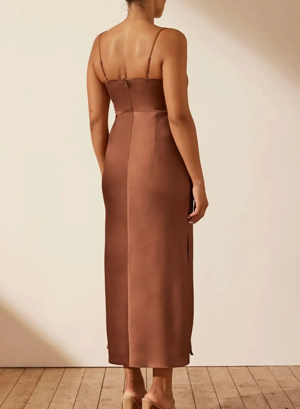 Shona Joy Luxe Twist Front Sleeveless Midi Dress Mocha Size AU 16 - Image 4