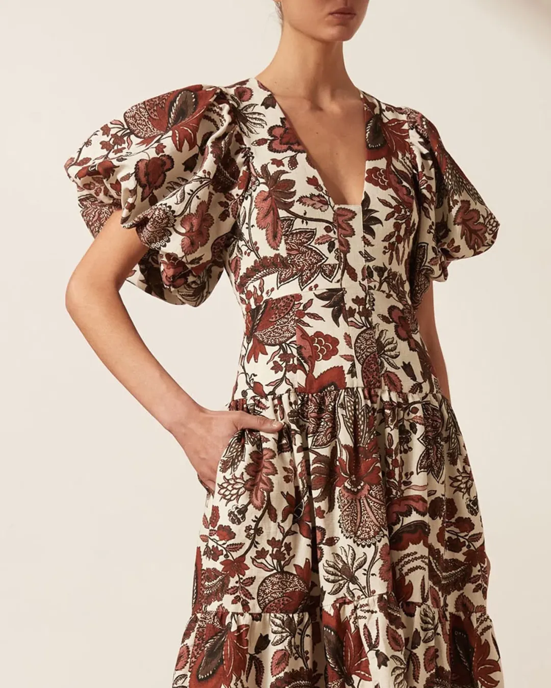 Shona Joy Catalina Plunged Short Sleeve Midi Dress Print Size 10 for rent on The Volte - main image