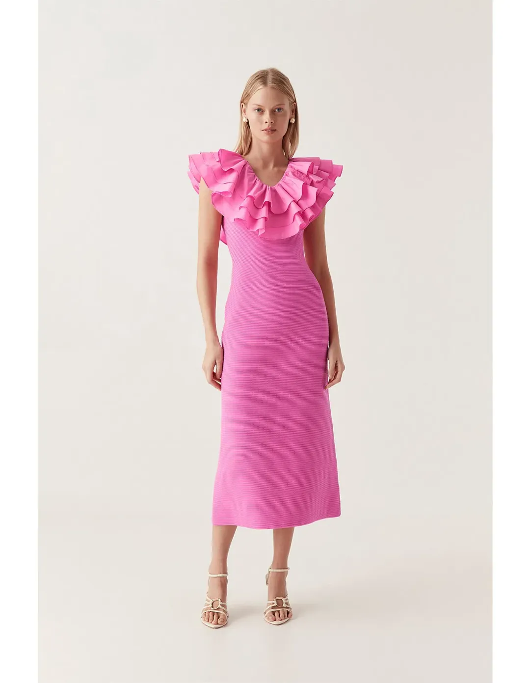 Aje Transcendent Ruffle Midi Dress Pink Size 8 for rent on The Volte - main image
