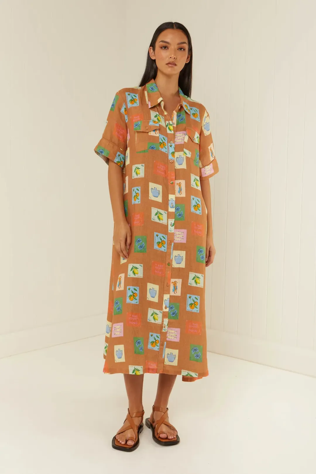 Palm Noosa Souvenir Shirt Midi Dress Brown Emblem Size 14  for rent on The Volte - main image