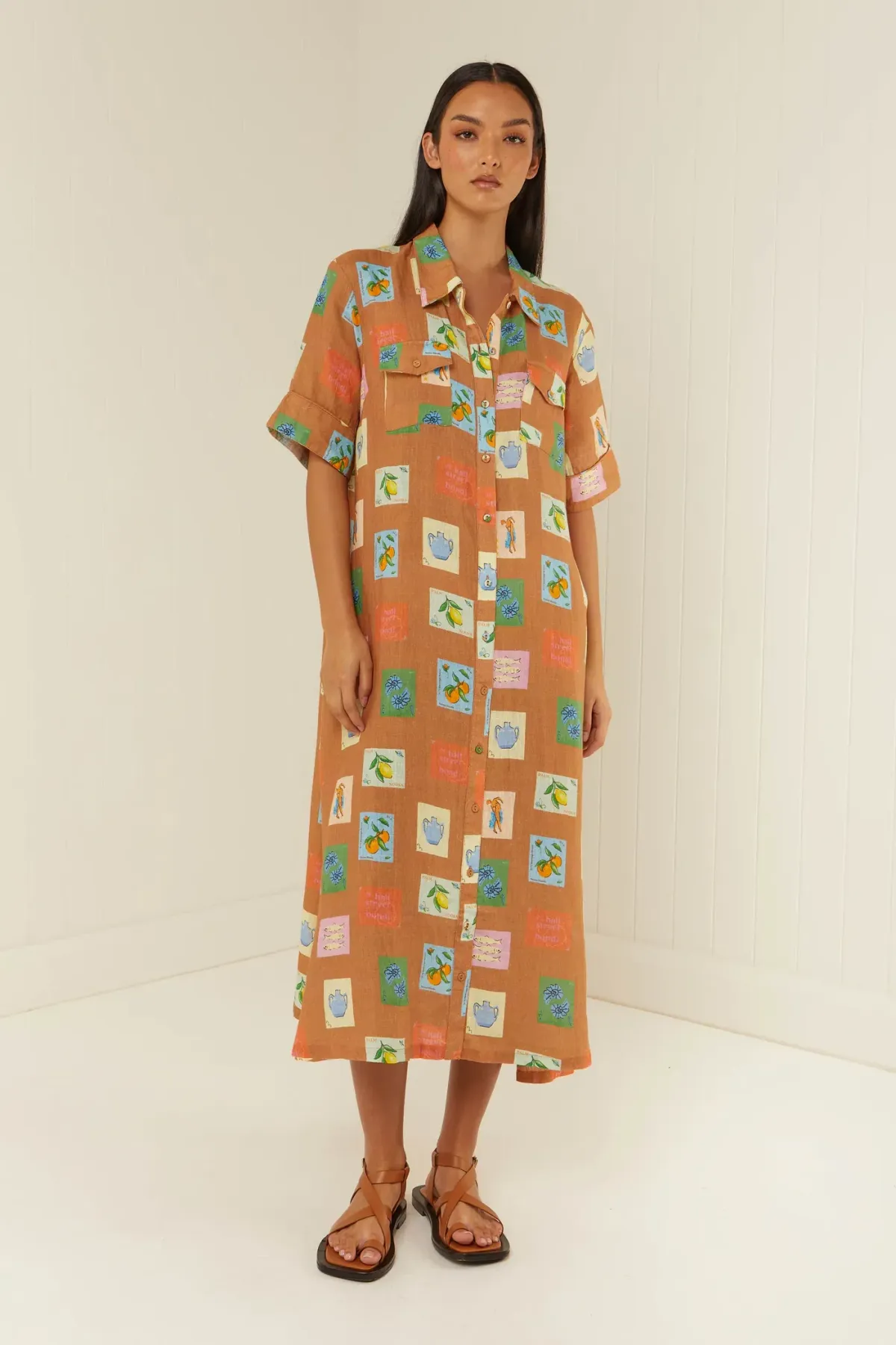 Palm Noosa Souvenir Shirt Midi Dress Brown Emblem Size 14  - Image 5
