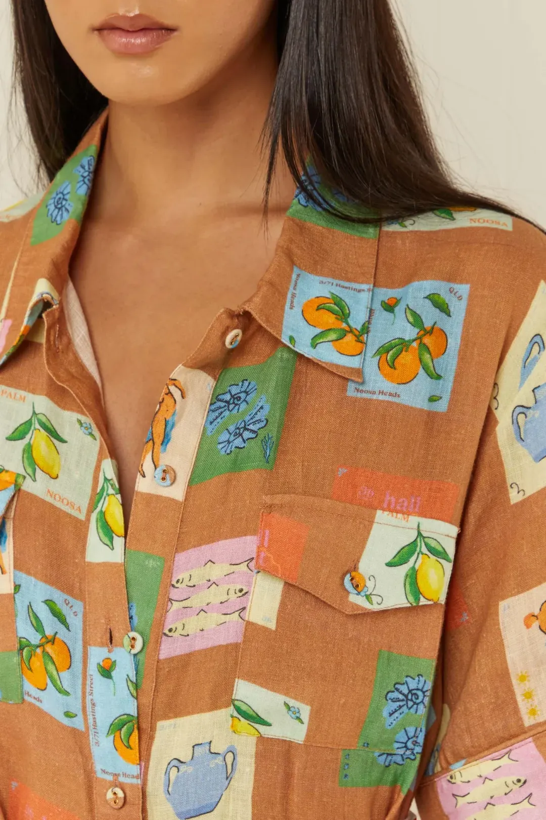 Palm Noosa Souvenir Shirt Midi Dress Brown Emblem Size 14  for rent on The Volte - main image