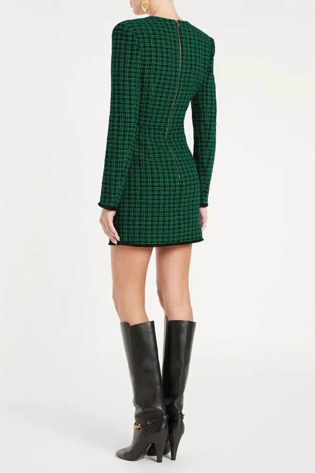 Rebecca Vallance Becca Checked Bouclé Tweed Mini Dress in Green Size 8  for rent on The Volte - main image