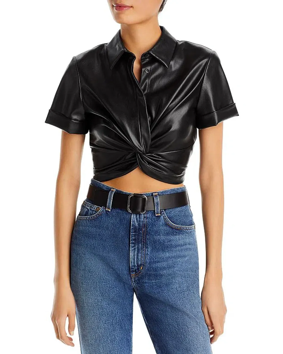 Alice + Olivia Phebe Cropped Twisted Vegan Leather Top Black Size S/ AU 8 - Image 3