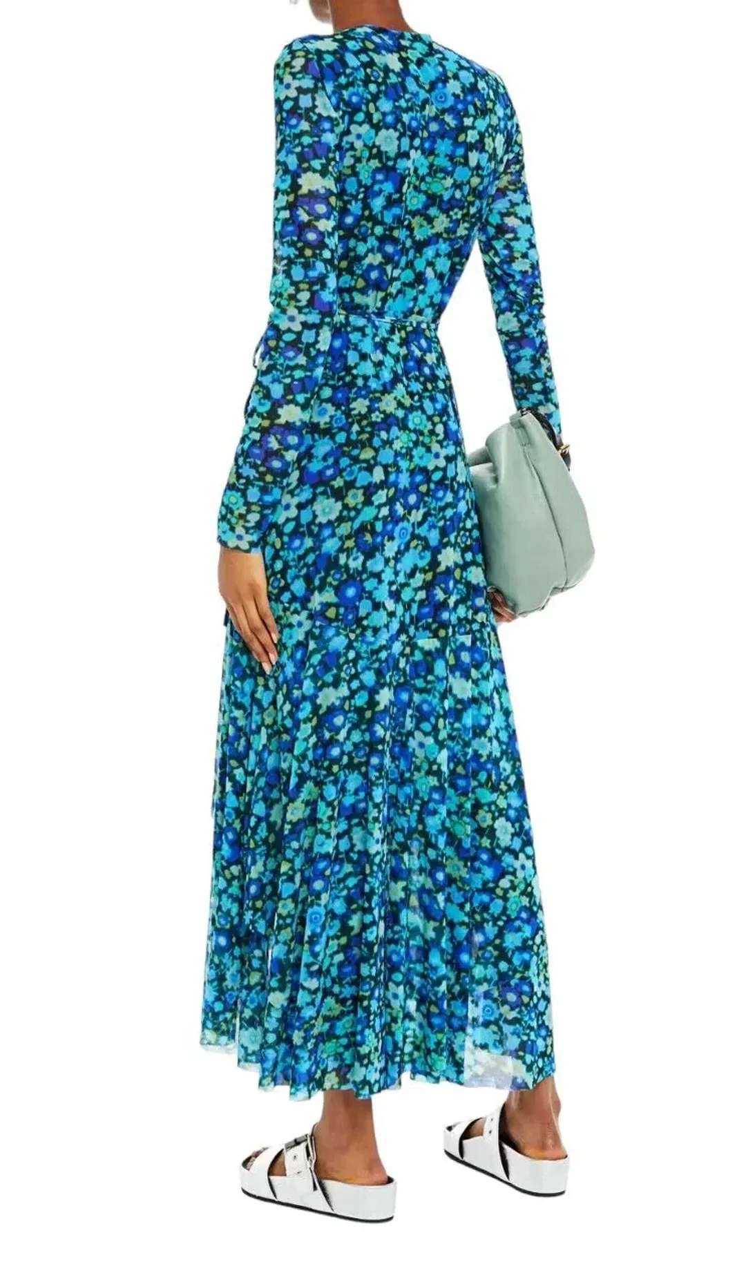 Ganni Floral Print Mesh Wrap Dress Turquoise Floral Print Size 38/ Au 10 for rent on The Volte - main image