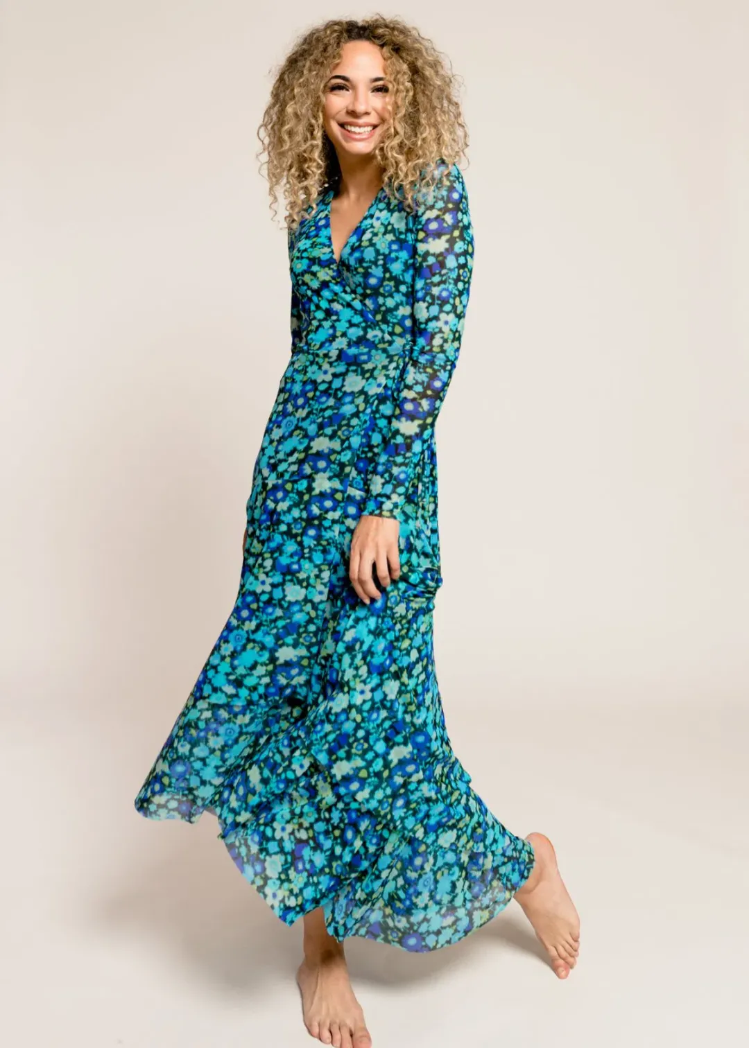 Ganni Floral Print Mesh Wrap Dress Turquoise Floral Print Size 38/ Au 10 for rent on The Volte - main image