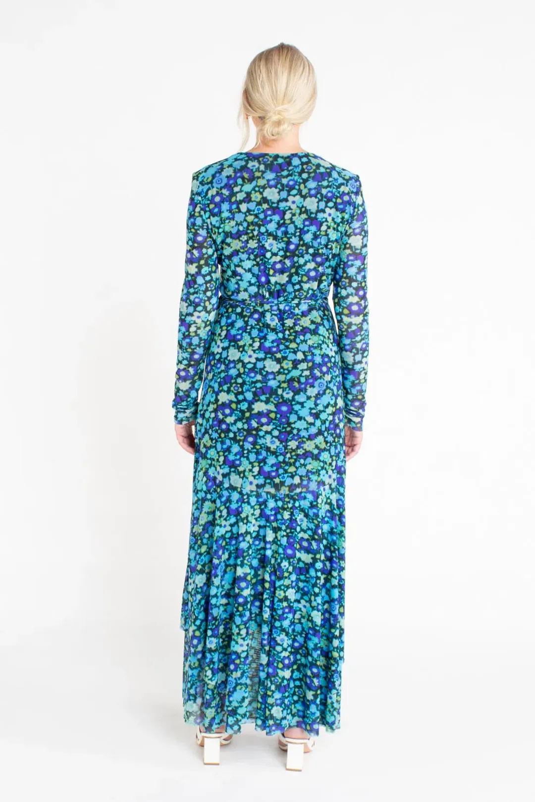 Ganni Floral Print Mesh Wrap Dress Turquoise Floral Print Size 38/ Au 10 for rent on The Volte - main image