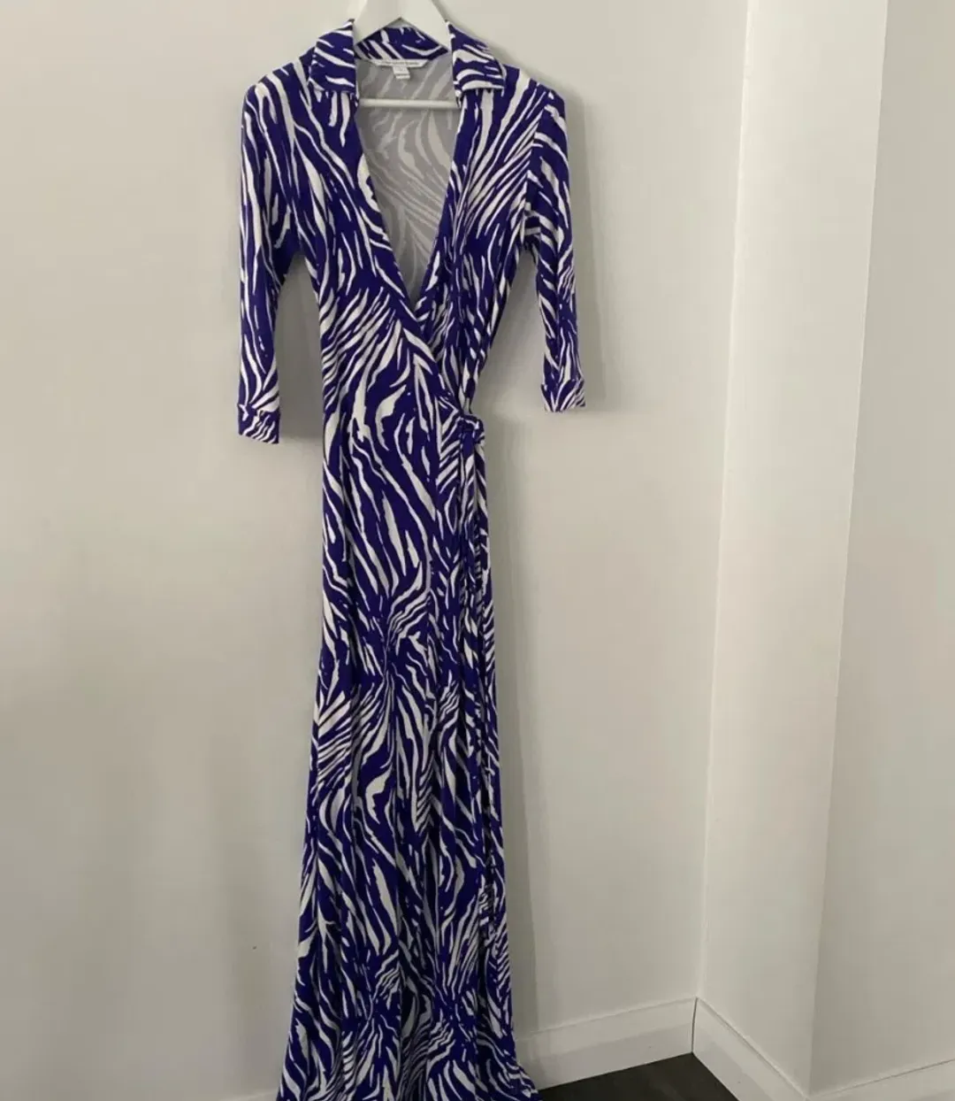 Diane Von Furstenberg Floor-Length Jersey Wrap Dress Blue Animal Print Size AU 10 for rent on The Volte - main image
