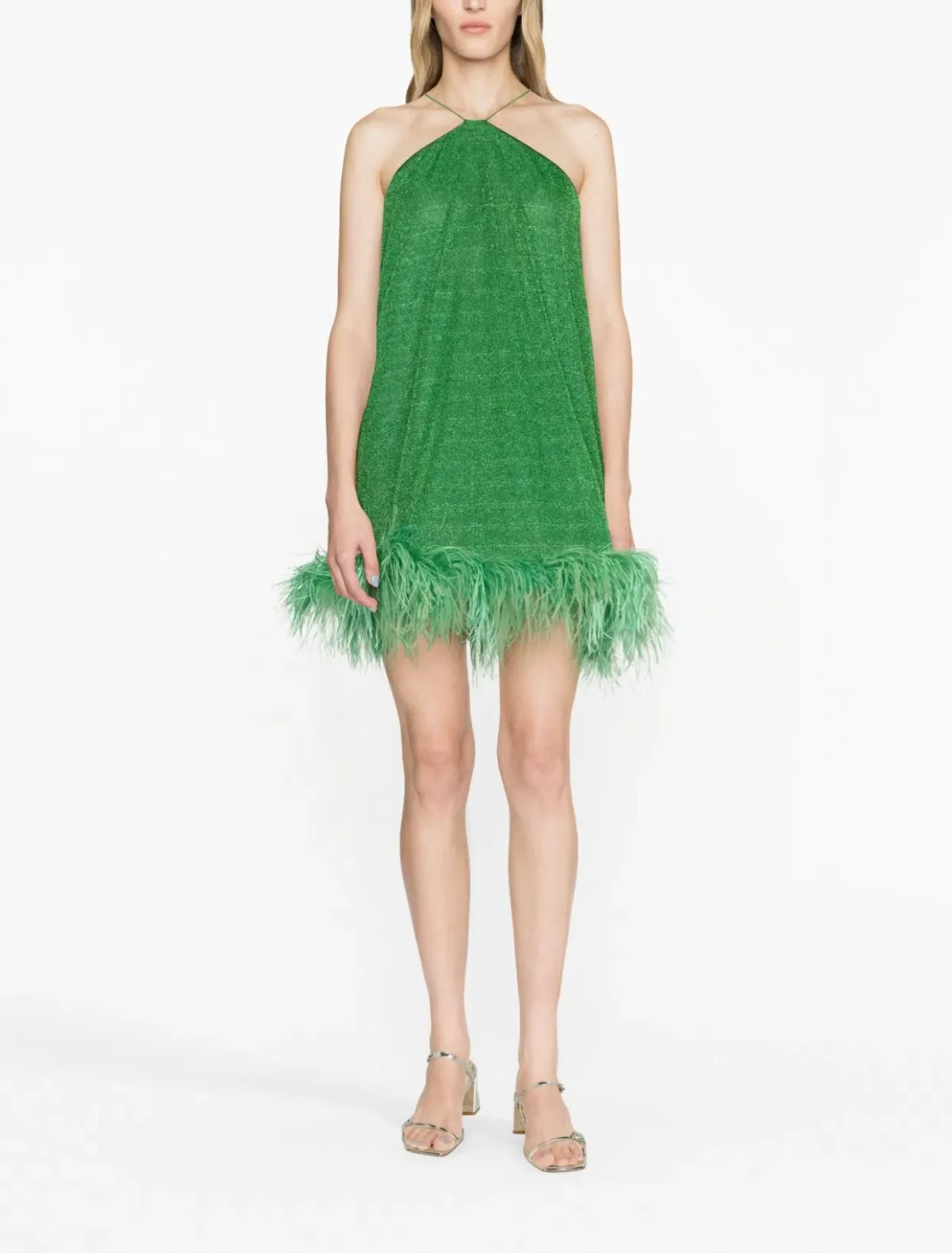 Oseree Lurex Detail Feather Trim Mini Dress Green Size S/M - Image 1