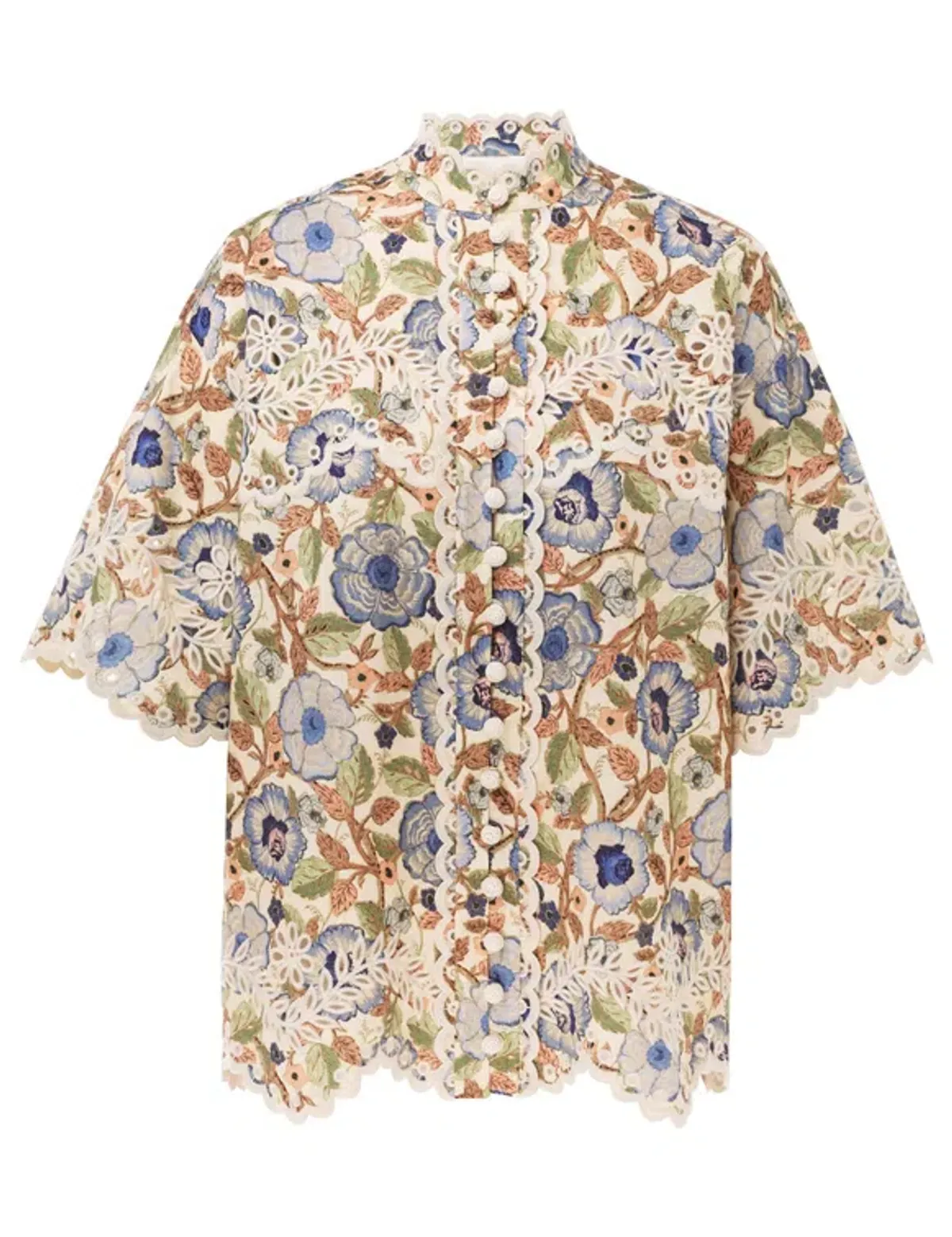 Zimmermann The Junie Embroidered Shirt and Short Set in Ivory/Blue Floral Size 0 / AU8  - Image 3