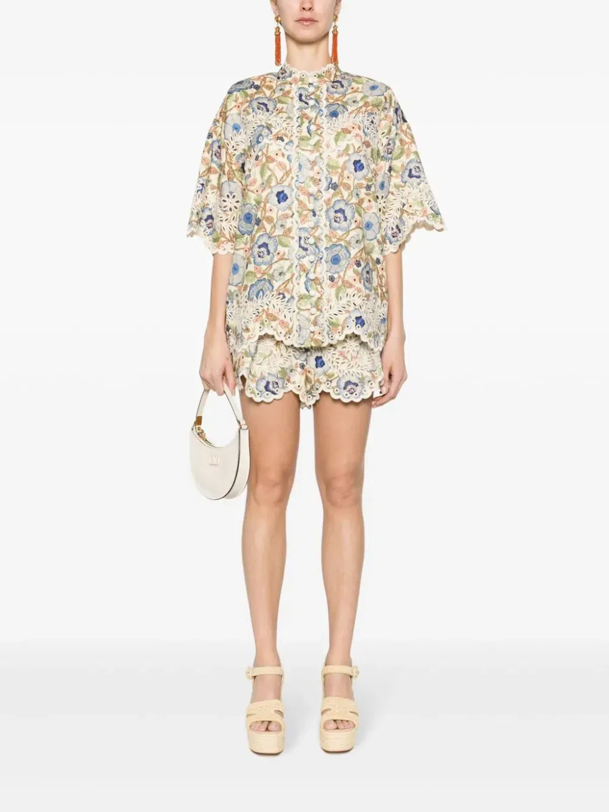 Zimmermann The Junie Embroidered Shirt and Short Set in Ivory/Blue Floral Size 0 / AU8  - Image 1