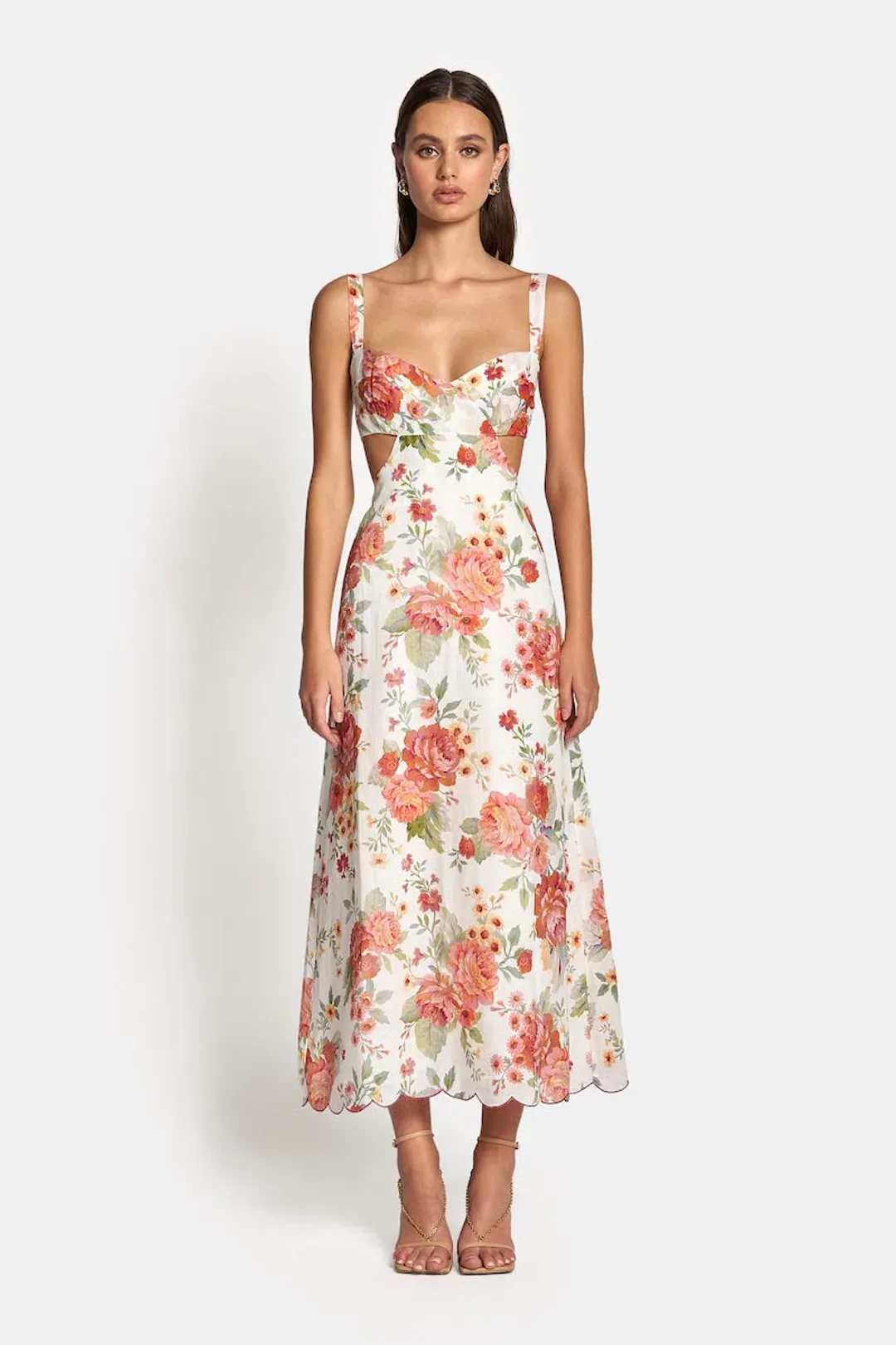 Sofia the Label Delilah Cut Out Midi Dress in Sunset Floral Size 8  for rent on The Volte - main image