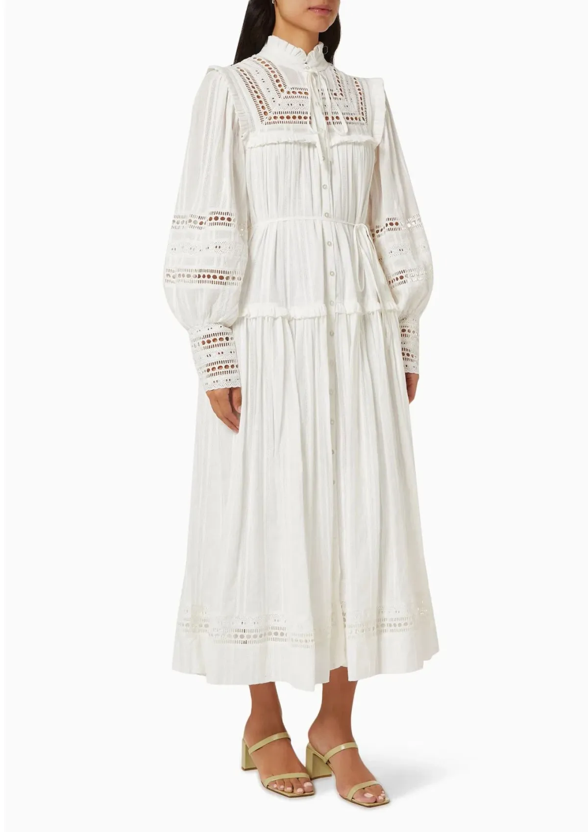 Shona Joy Lucia Balloon Sleeve Frill Midi Dress in Ivory Size 12 - Image 1