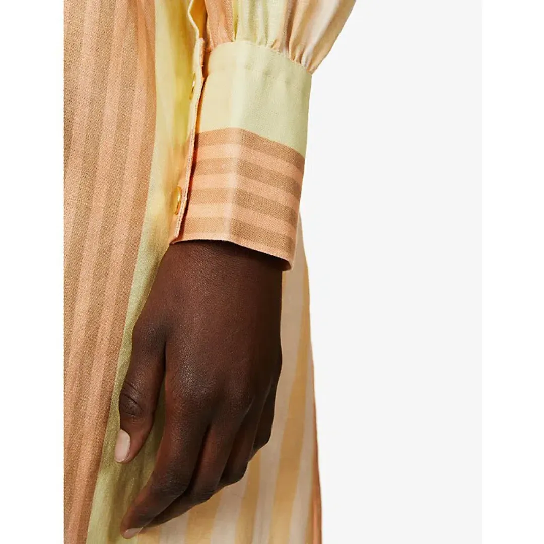 Oroton Striped Long Sleeve Belted Straight Fit Linen Midi Dress Almond Milk Size 12 for rent on The Volte - main image