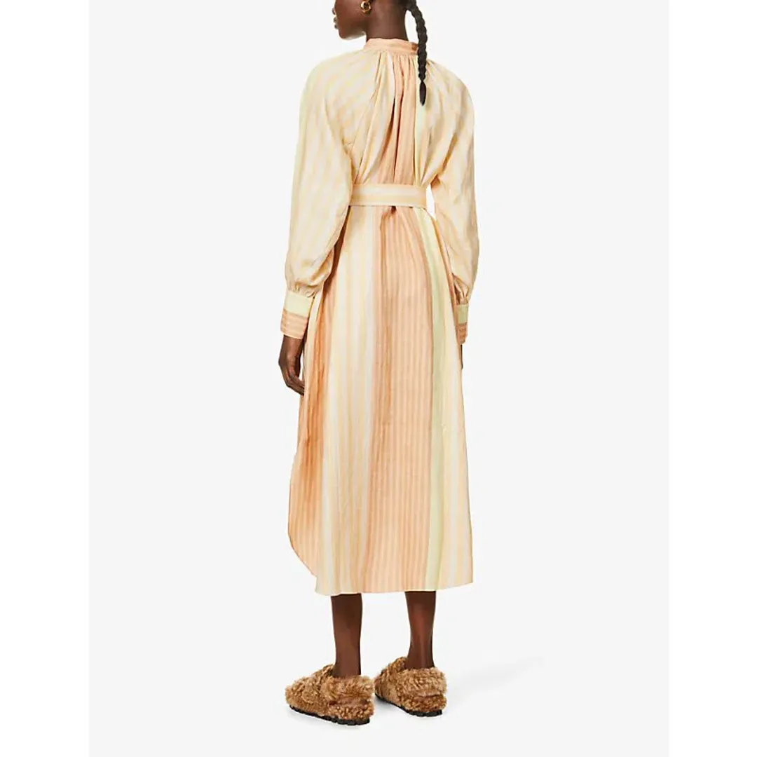 Oroton Striped Long Sleeve Belted Straight Fit Linen Midi Dress Almond Milk Size 12 for rent on The Volte - main image