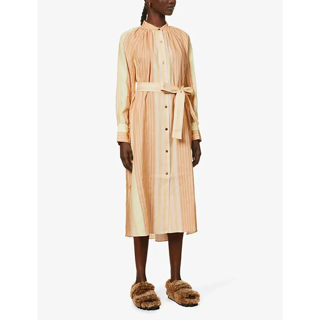Oroton Striped Long Sleeve Belted Straight Fit Linen Midi Dress Almond Milk Size 12 for rent on The Volte - main image