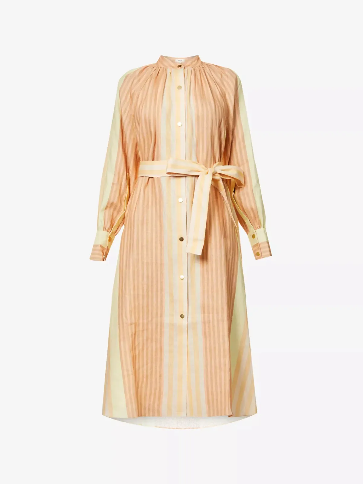 Oroton Striped Long Sleeve Belted Straight Fit Linen Midi Dress Almond Milk Size 12 - Image 5