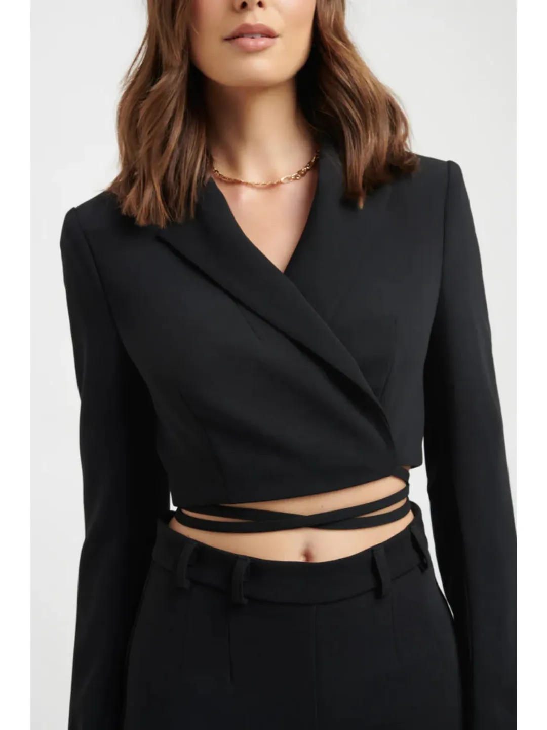 Kookai Lux Crop Blazer and Delta Long Flare Pants in Black Size AU 8 for rent on The Volte - main image