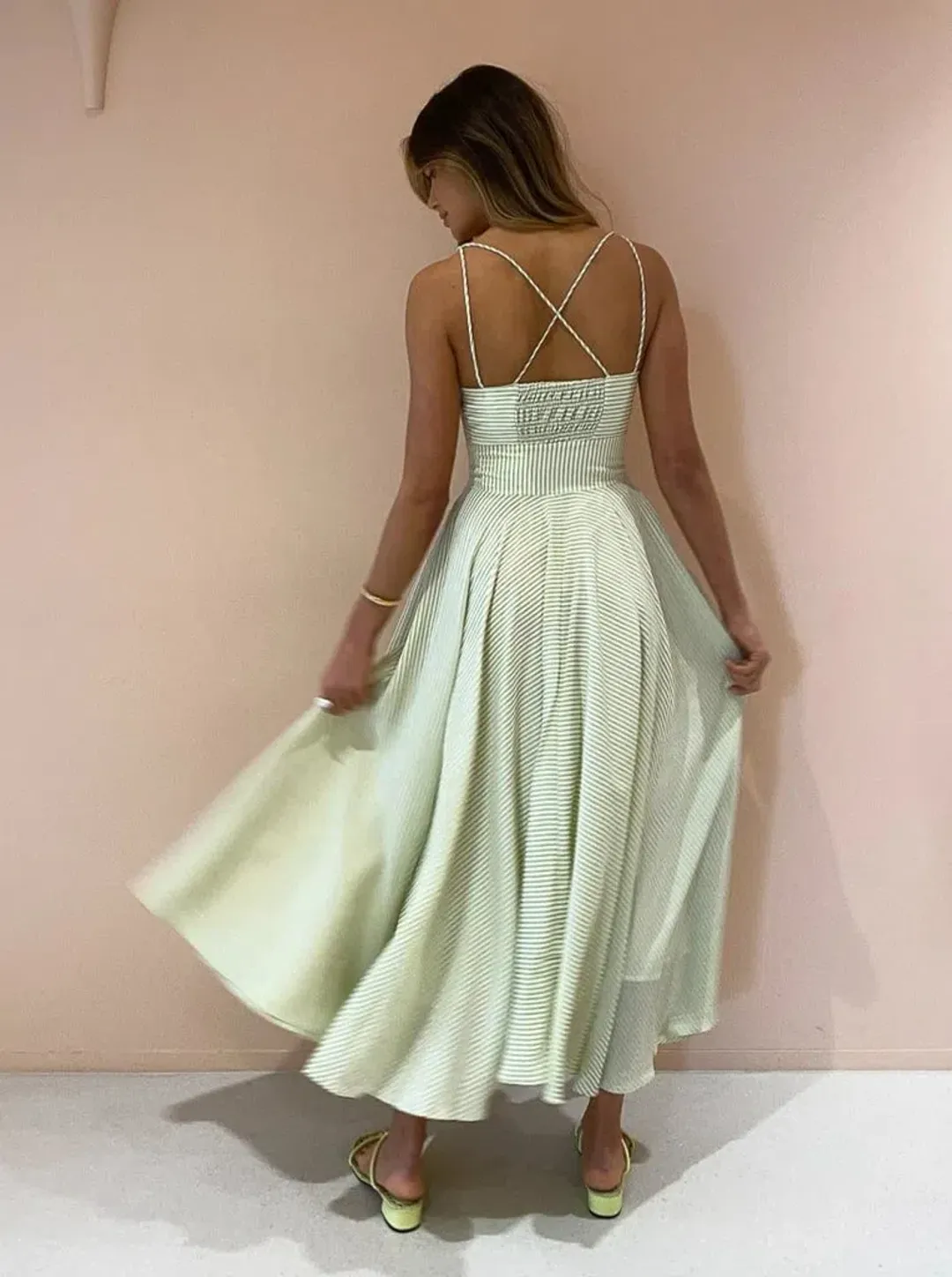 By Johnny Pistachio Stripe Sun Dress Print Size 6 for rent on The Volte - main image