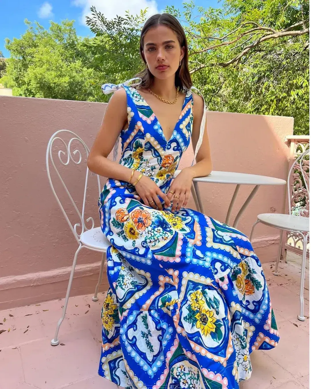 By Nicola Adoncia Tie Shoulder Maxi Dress In Azure Floral Size 10 for rent on The Volte - main image